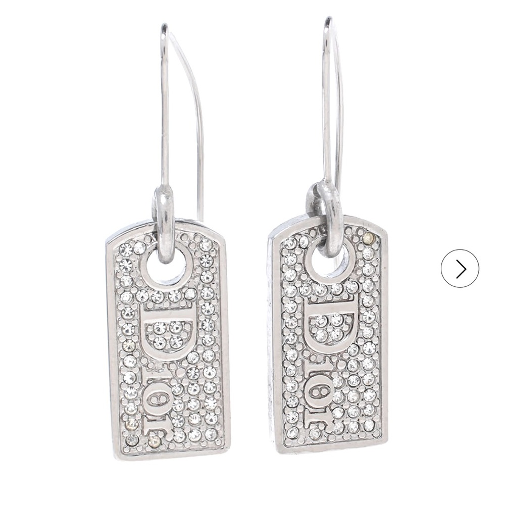 Christian Dior Dog Tag Silver Tone Crystal Drop Earrings